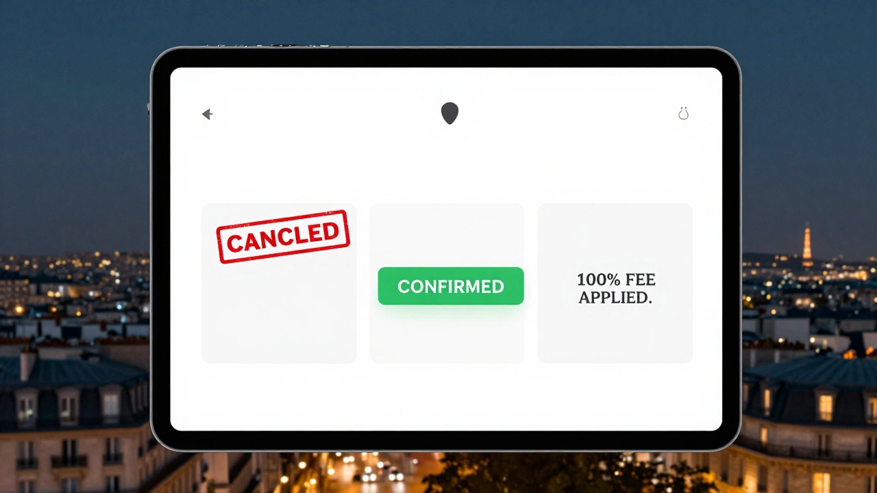 A digital calendar showing canceled and confirmed bookings with fee notices.