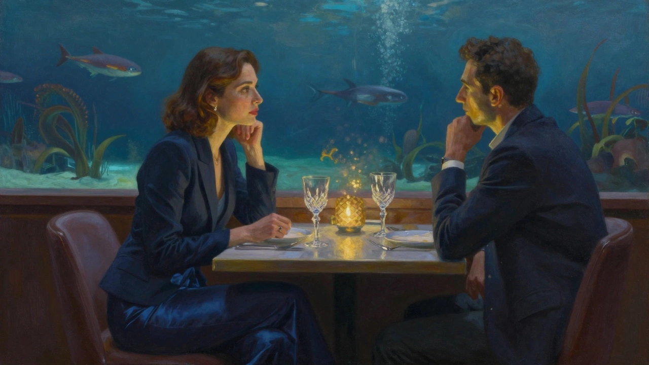 A woman in a tailored blazer listens intently across a candlelit table in a luxury Dubai restaurant.