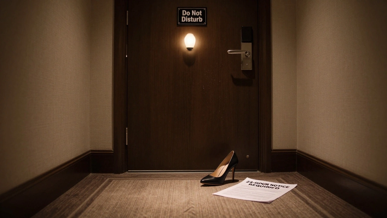 An empty hotel hallway with a single high-heeled shoe and a cancellation policy note.