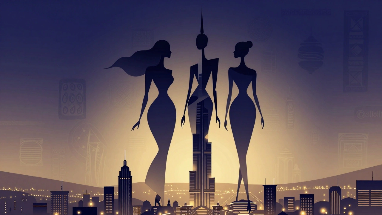 Three abstract female silhouettes blend into Dubai&#039;s city lights, symbolizing cultural harmony and refined presence.